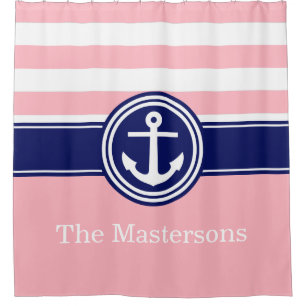 Pink White Navy Blue Nautical Stripe Anchor CB