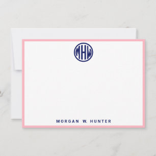 Pink White Navy Circle Monogram Font DIY BG Thank You Card