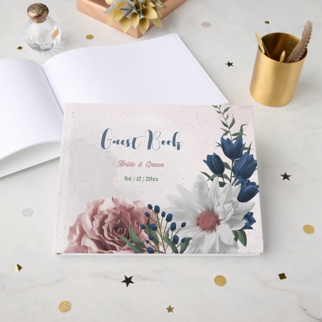 pink white navy flowers greenery wedding guest book (Front Open)