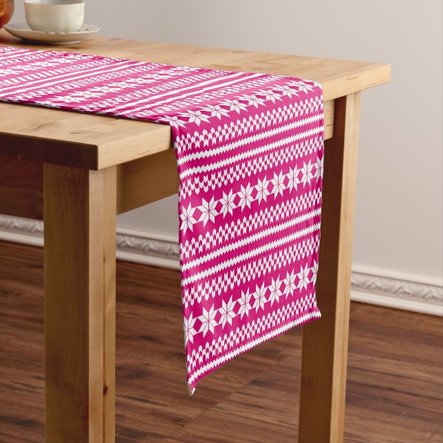 Pink White Norwegian Christmas Sweater Pattern Short Table Runner (In Situ)