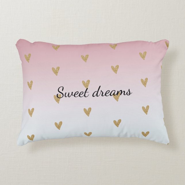 Pink White Ombre Gold Glitter Heart Accent Pillow (Front)