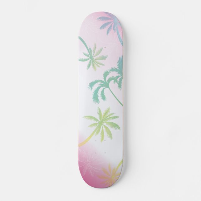 Pink white ombre palm trees tropical skateboard (Front)