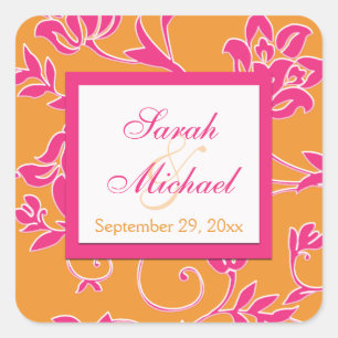 Pink, White, Orange 1.5" Square Wedding Sticker