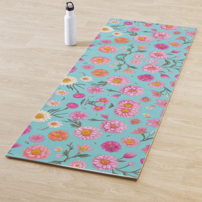 pink white orange floral green leaves teal  yoga mat (In Situ)