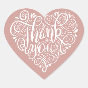 Pink white ornate script calligraphy art thank you heart sticker