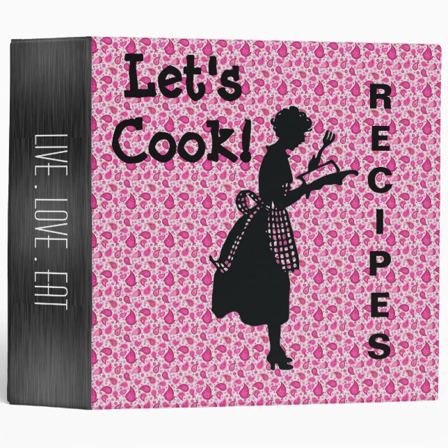 Pink White Paisley pattern Cookbook 3 Ring Binder (Front/Spine)