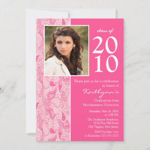 Pink & White Paisley Photo Graduation Invitation