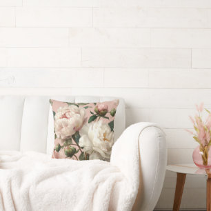Pink & White Peonies Elegant Throw Pillow