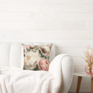 Pink & White Peonies Floral Elegant Throw Pillow
