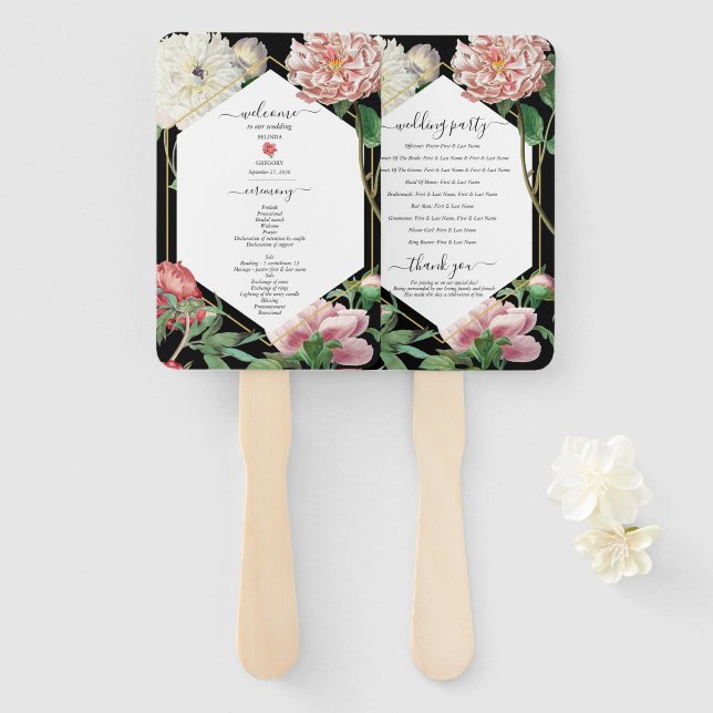Pink White Peonies Flowers Wedding Black Program Hand Fan (Front and Back)