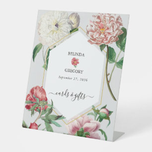 Pink White Peonies Flowers Wedding Cards Gifts Pedestal Sign