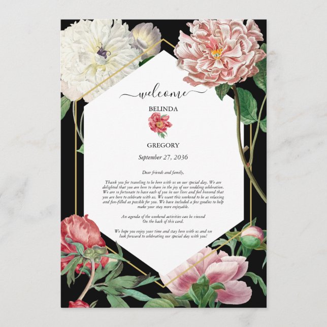 Pink White Peonies Flowers Wedding Itinerary Black Program (Front)