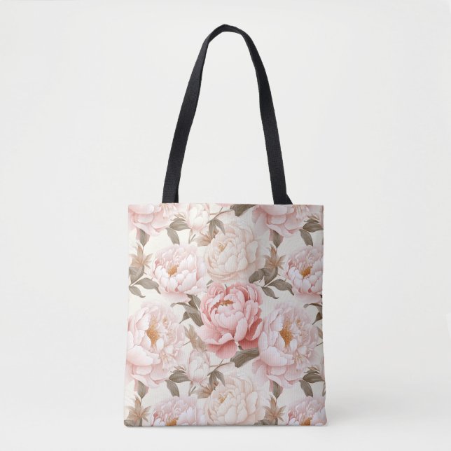 Pink & White Peony Blooms All-Over-Print Tote Bag (Front)