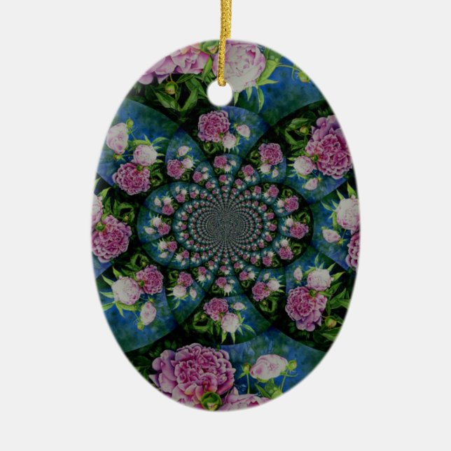 Pink white peony floral watercolor mandala ceramic ornament (Front)