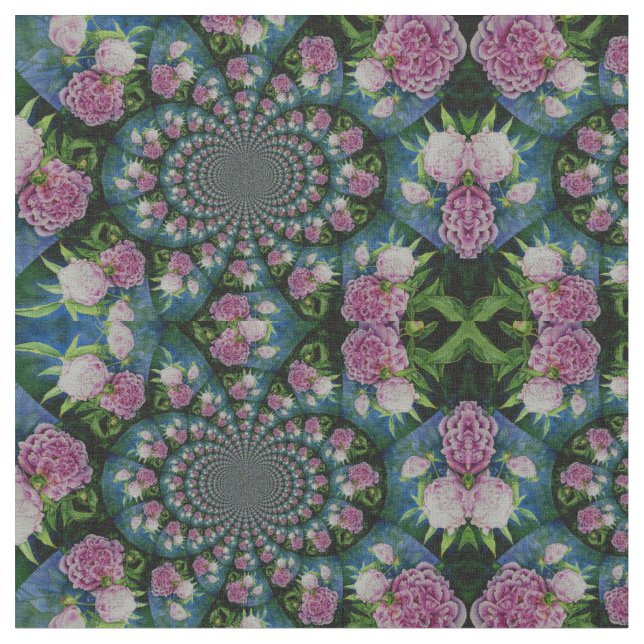 Pink white peony floral watercolor mandala fabric (Close Up)