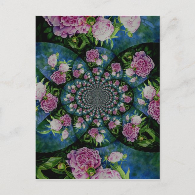 Pink white peony floral watercolor mandala postcard (Front)