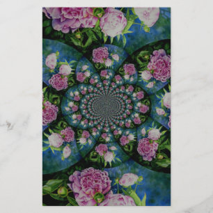 Pink white peony floral watercolor mandala stationery