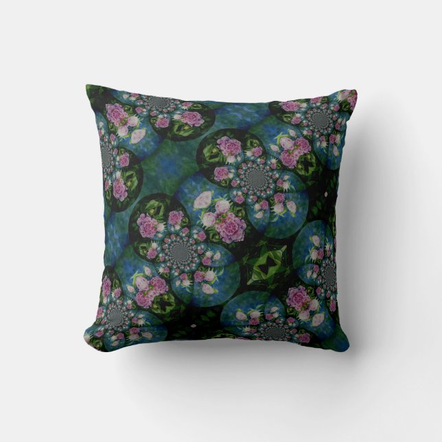 Pink white peony floral watercolor mandala throw pillow (Front)