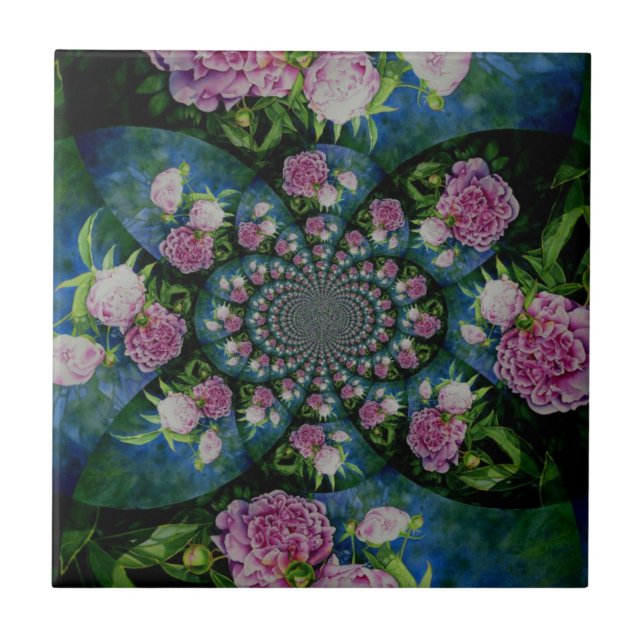 Pink white peony floral watercolor mandala tile (Front)