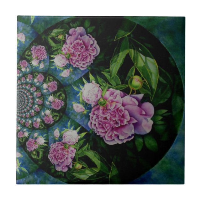 Pink white peony floral watercolor mandala tile (Front)