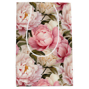 Pink & White Peony Flower Patterned Medium Gift Bag