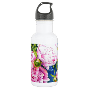 Pink white peony painting romantic floral 532 ml water bottle