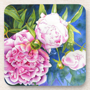 Pink white peony painting   romantic floral coaster