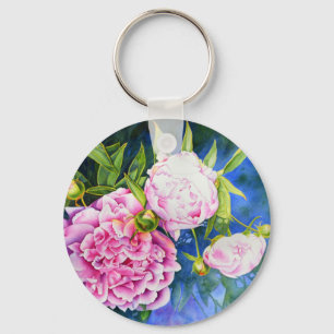 Pink white peony painting   romantic floral keychain