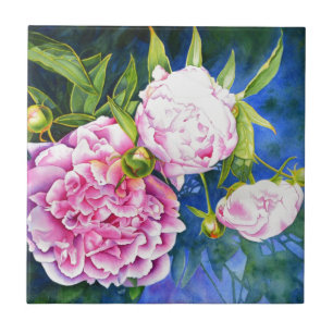 Pink white peony painting   romantic floral tile