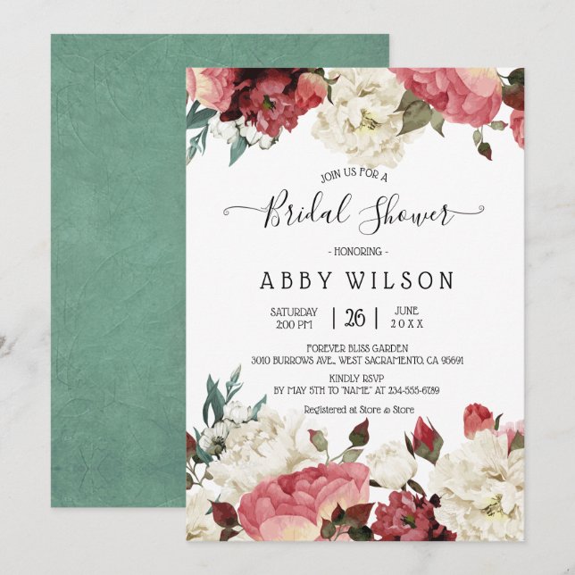 Pink & White Peony Spring Floral Bridal Shower Invitation (Front/Back)