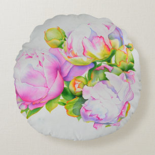 Pink white Peony watercolor painting Round Pillow