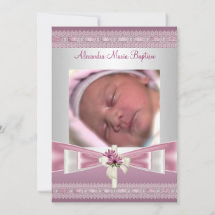 Pink White Photo Cross Baptism Christening Invitation