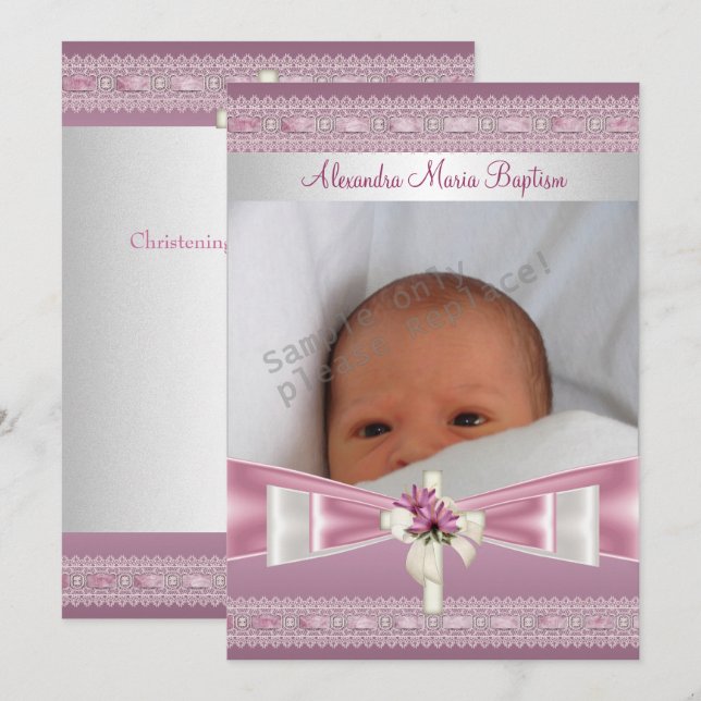 Pink White Photo Cross Baptism Christening Invitation (Front/Back)