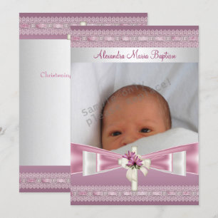 Pink White Photo Cross Baptism Christening Invitation