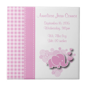 Pink & White Plaid Baby Elephant Birth Information Tile