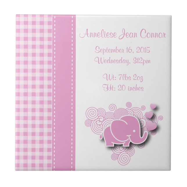 Pink & White Plaid Baby Elephant Birth Information Tile (Front)