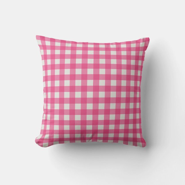 Pink white plaid chequered chequered gingham throw pillow (Front)