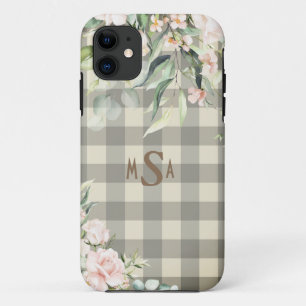Pink & White Plaid Gingham Tan Floral Monogram iPhone 11 Case