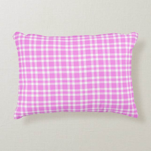 Pink White Plaid Pattern Accent Pillow (Front)