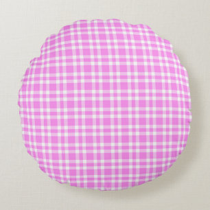 Pink White Plaid Pattern Round Pillow
