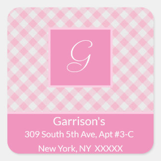 Pink & White Plaid Return Address - Square Sticker
