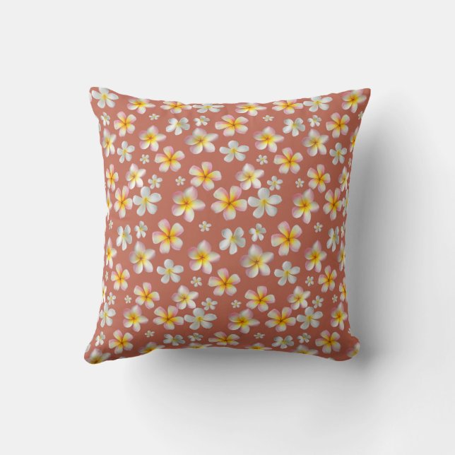 Pink & White Plumeria Flowers on Apple Cider Colou Throw Pillow (Back)
