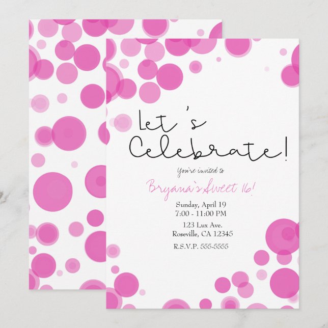Pink White Polka Dot Bubbles Let's Celebrate Party Invitation (Front/Back)