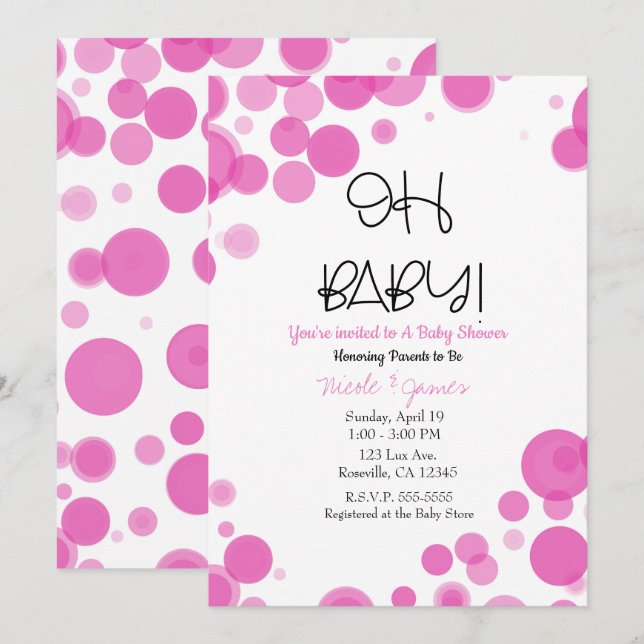Pink & White Polka Dot Bubbles OH BABY Shower Invitation (Front/Back)