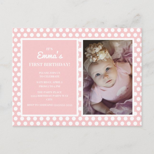 Pink White Polka Dot Fille Invitation de fête d'an (Devant)