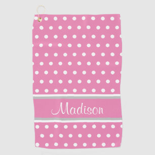 Pink White Polka Dot Grey Stripe Script Name Golf Towel
