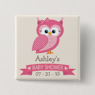 Pink & White Polka Dot Owl Baby Shower 2 Inch Square Button