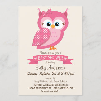 Pink & White Polka Dot Owl Baby Shower Invitation