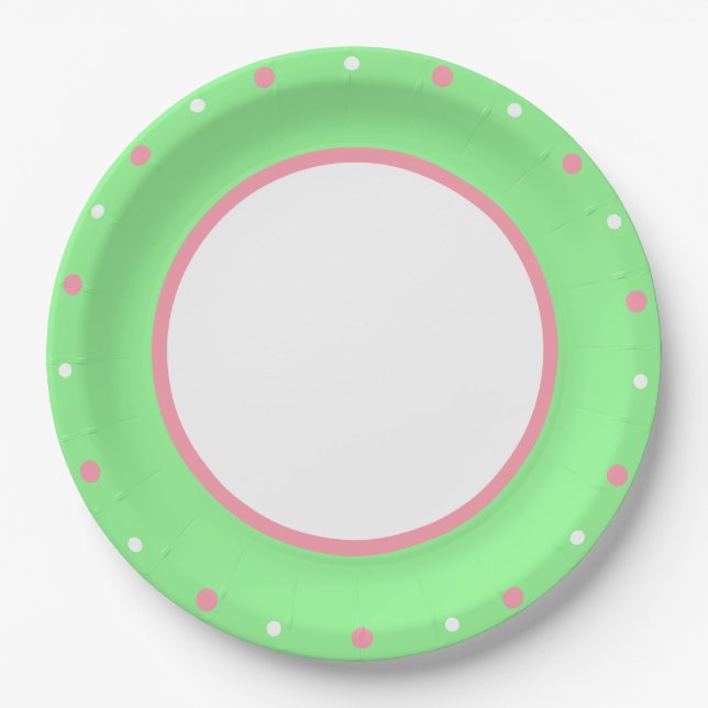 Pink White Polka Dots Mint Green Paper Plate (Front)