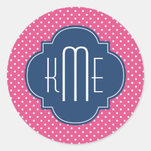Pink White Polka Dots Quatrefoil Monogram Classic Round Sticker